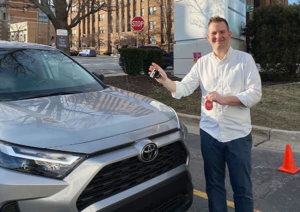 Steven winning a car in the Drive to Save Lives Sweepstakes